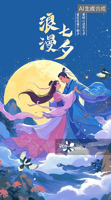 【AI数字艺术】国潮手绘插画七夕节海报模板图片素材