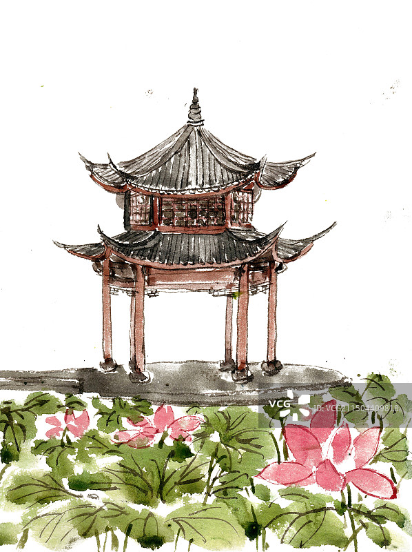 亭子前的荷花图片素材