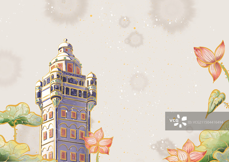 开平碉楼荷花插画图片素材
