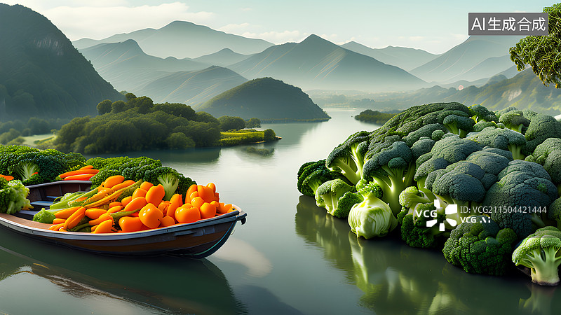 【AI数字艺术】绿色有机蔬菜做成的山水风光图片素材