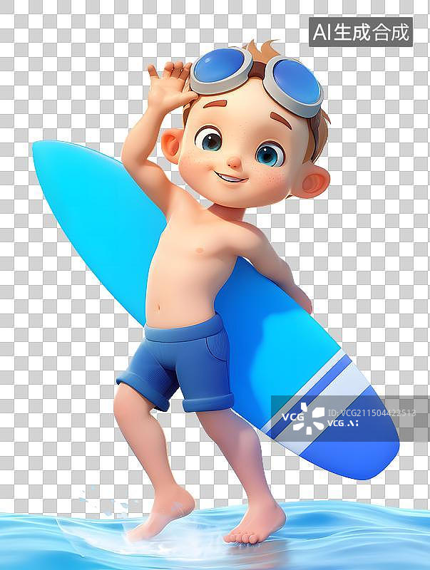 【AI数字艺术】穿着泳裤拿着冲浪板的男孩图片素材