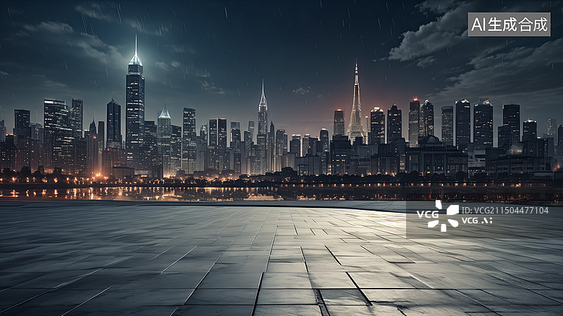 【AI数字艺术】空白的平台与城市天际线建筑图片素材