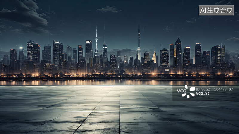 【AI数字艺术】空白的平台与城市天际线建筑图片素材