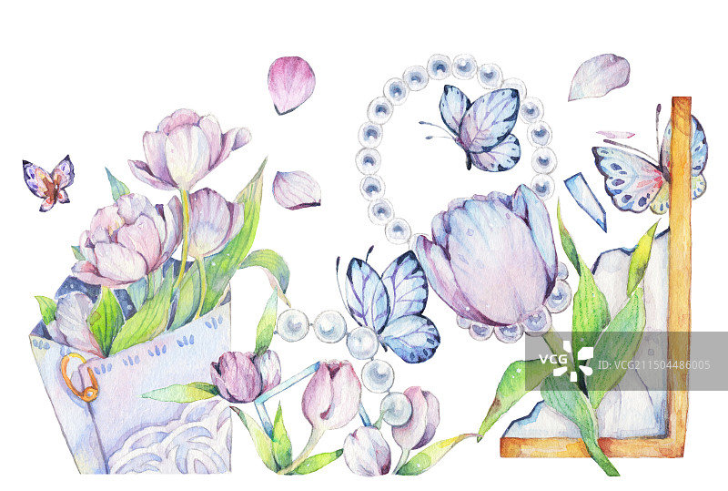 水彩手绘风插画大自然环保紫色郁金香百合鲜花植物装饰设计造型母亲节礼物标本植物装饰画插画图片素材