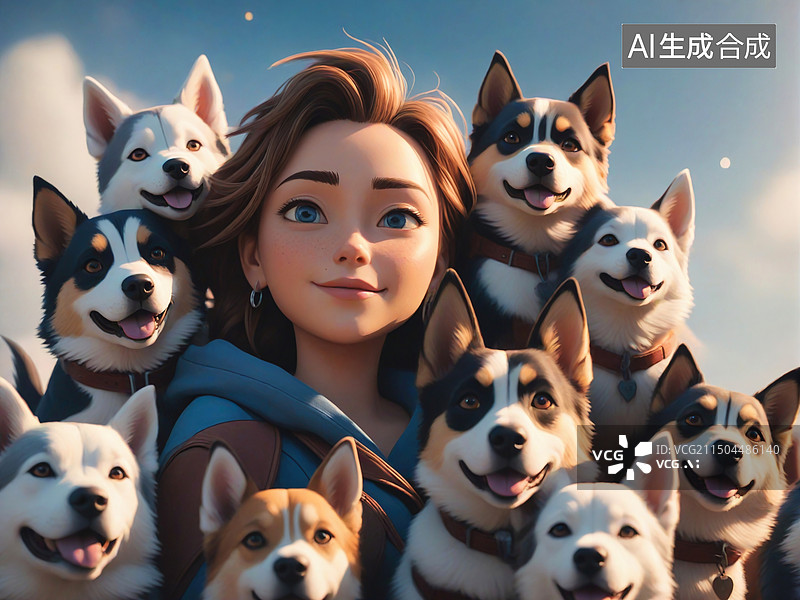 【AI数字艺术】快乐的年轻女人和狗图片素材