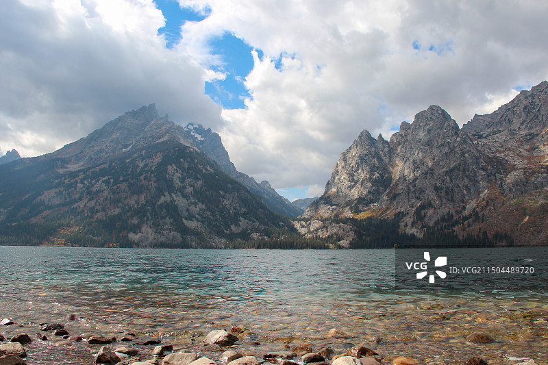 多云的天空衬托着平静的湖景图片素材