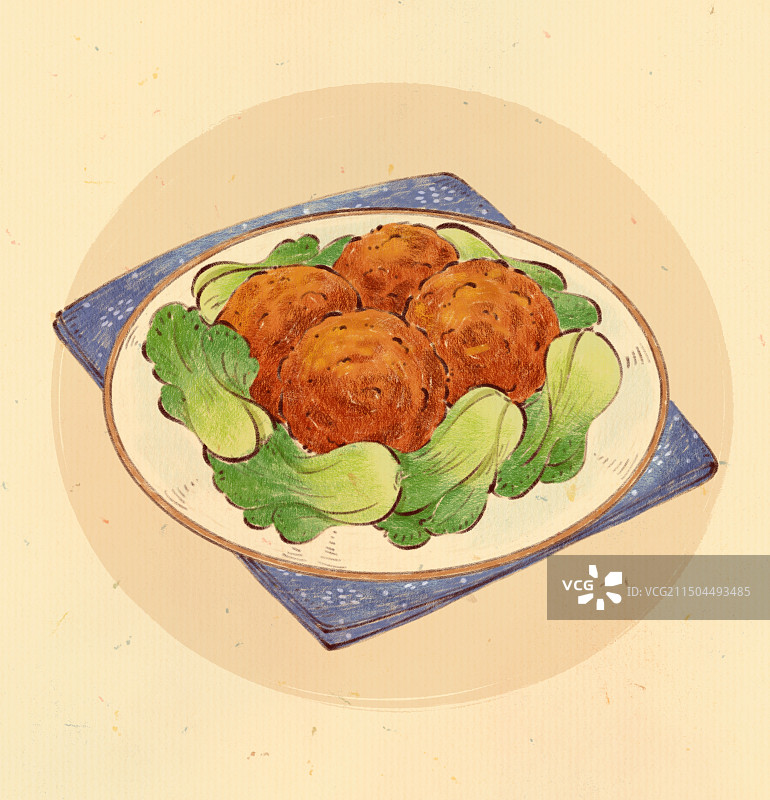 手绘山东特色美食鲁菜四喜丸子插画图片素材