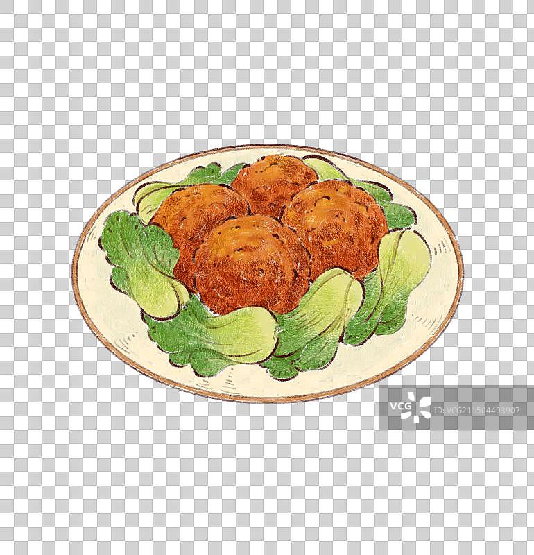 手绘山东特色美食鲁菜四喜丸子红烧狮子头插画图片素材