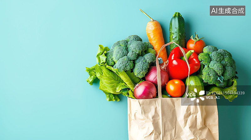 【AI数字艺术】装着新鲜蔬菜的牛皮袋子图片素材