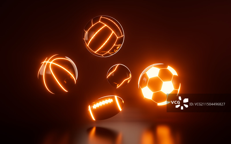发光的足球篮球排球等球类模型3D渲染图片素材