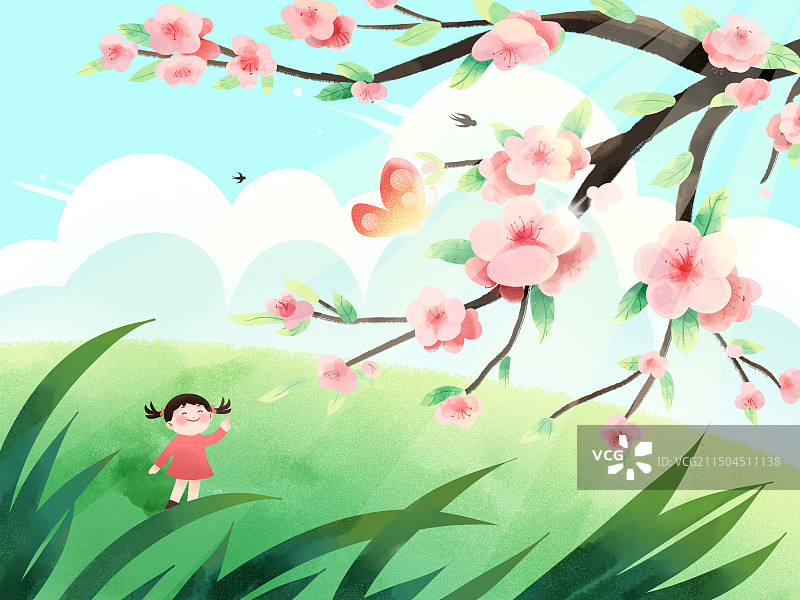 二十四节气春季插画惊蛰桃花和女孩图片素材