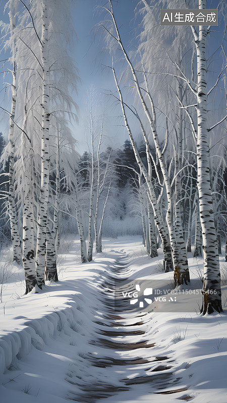 【AI数字艺术】雪地里的白桦林，一条蜿蜒的小路。图片素材