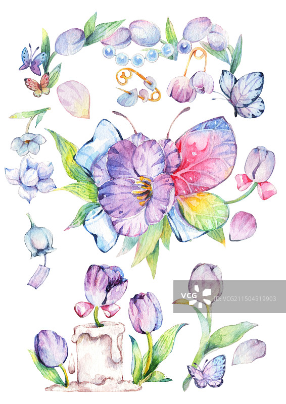 水彩手绘植物花园手写纸质信件一封家书与郁金香紫色鲜花花卉花卉蝴蝶飞舞蜡烛燃烧创意园艺植物标本插画图片素材