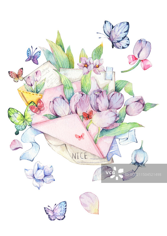 水彩植物蓝紫色的郁金香手捧花鲜花与书信春天植物大自然爱护环保情人节情书装饰设计手绘创意插画图片素材