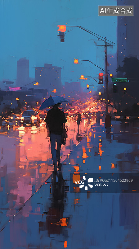 【AI数字艺术】城市街道上的人们在夜晚的灯光下油画图片素材
