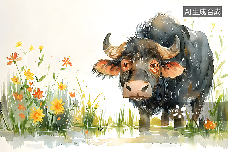 【AI数字艺术】水彩插画一头水牛在池塘边图片素材