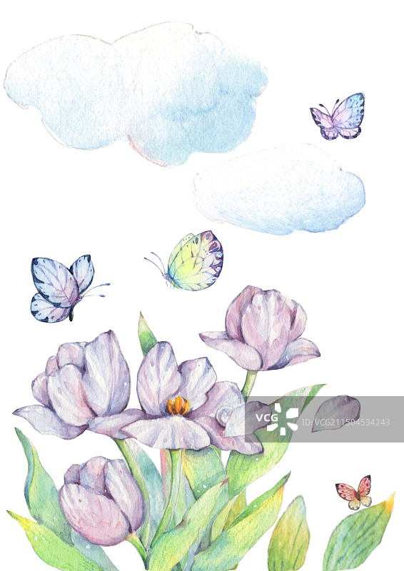 水彩手绘清新自然雾蓝色紫色郁金香和蝴蝶儿童绘本插画图片素材