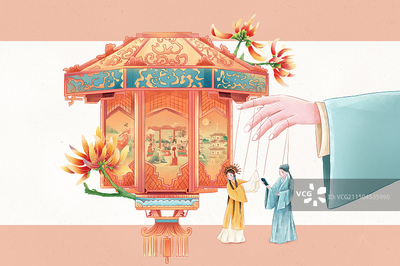 中国风福建泉州花灯 非物质文化遗产 提线木偶 唱戏的男女角 泉州市花刺桐花城市插画 横七竖八版图片素材