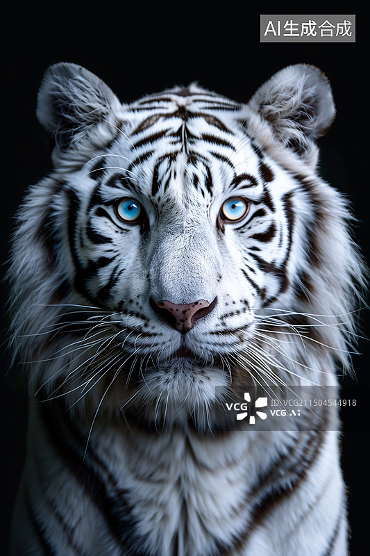 【AI数字艺术】黑色背景中的白虎肖像图片素材