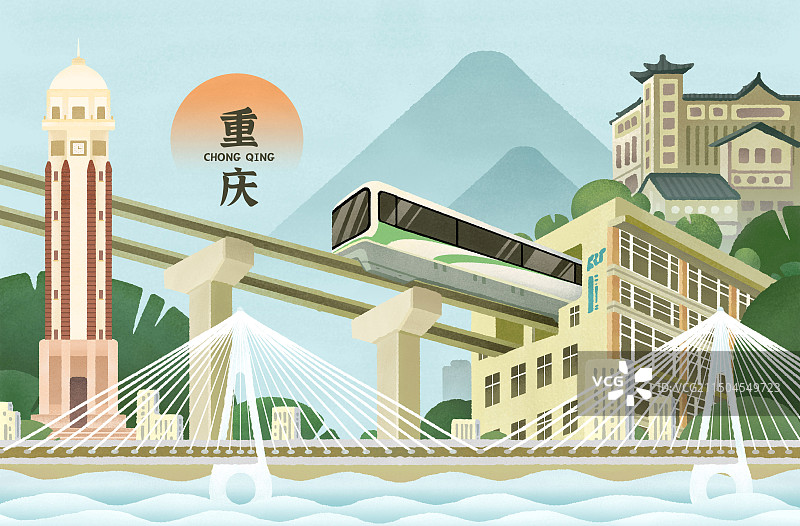 重庆著名旅行景点解放碑跨江大桥与李子坝轻轨站图片素材