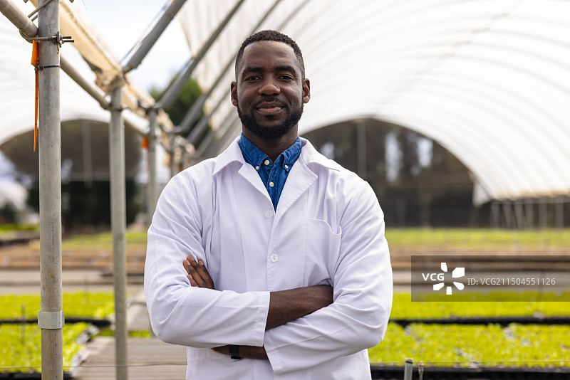 穿实验服的男科学家自信地站在水培农场温室中图片素材