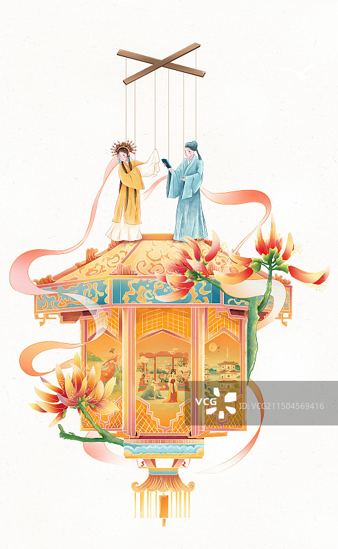 中国风福建泉州花灯 非物质文化遗产 提线木偶 唱戏的男女角 泉州市花刺桐花城市插画 竖版图片素材