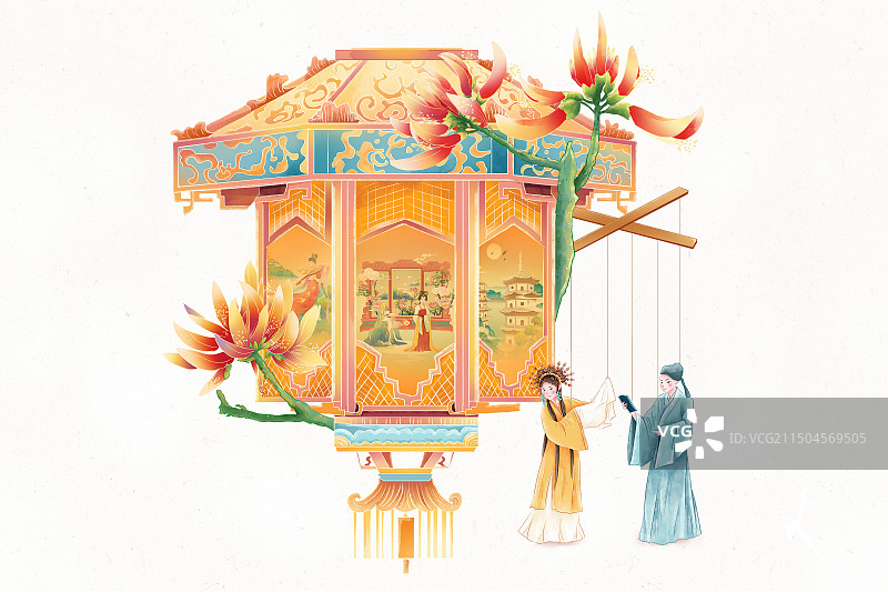 中国风福建泉州花灯 非物质文化遗产 提线木偶 唱戏的男女角 泉州市花刺桐花城市插画 横版图片素材