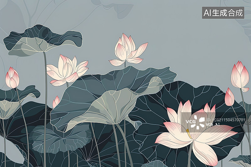 【AI数字艺术】夏日中国绘画风格的荷花插图图片素材