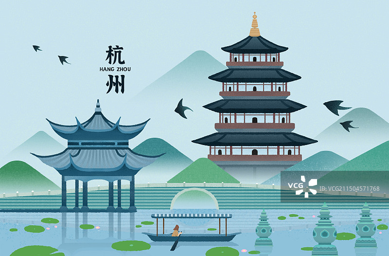 杭西湖城市地标建筑雷峰塔集贤亭与划船的人图片素材