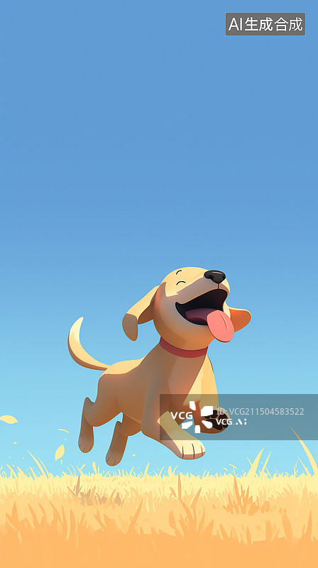 【AI数字艺术】白天晴天田野里快乐奔跑的宠物狗3D卡通插画图片素材