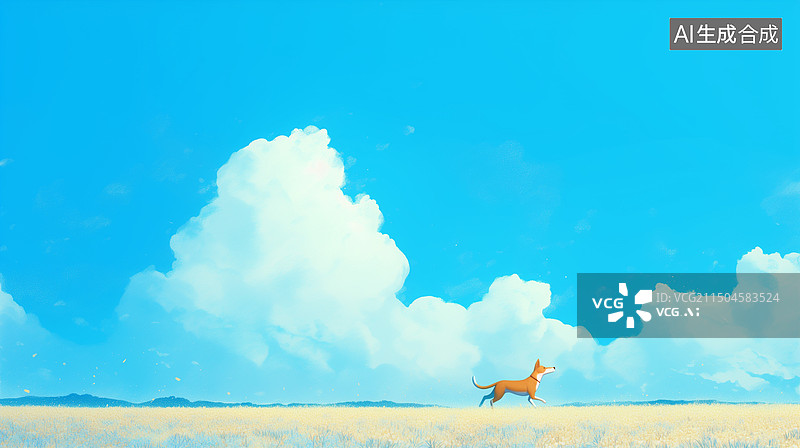 【AI数字艺术】白天晴天田野里快乐奔跑的宠物狗3D卡通插画图片素材
