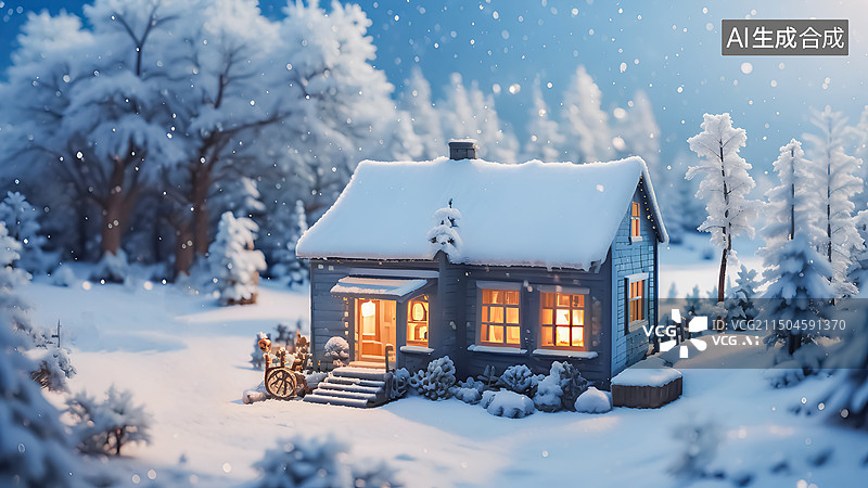 【AI数字艺术】冬天夜晚雪地里的房子三维插画图片素材