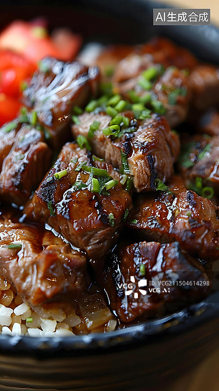 【AI数字艺术】一碗浇了酱汁的牛肉块盖饭图片素材