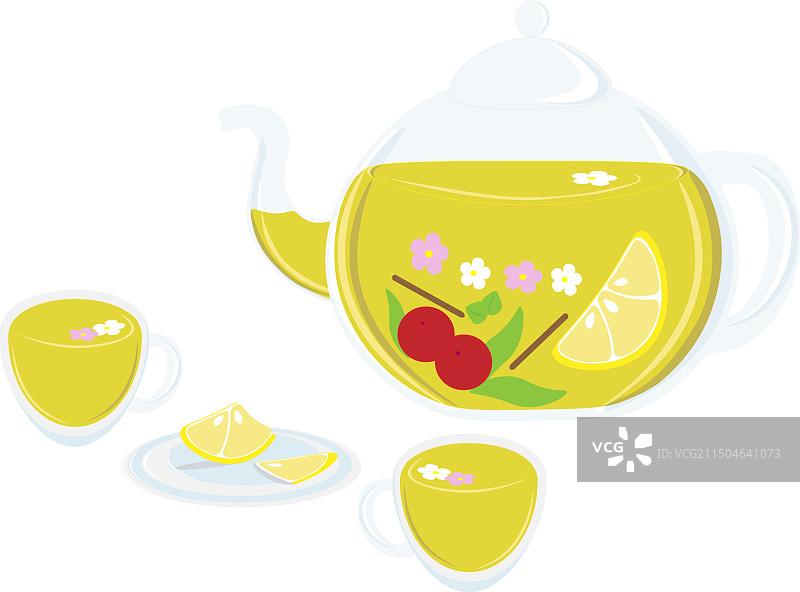 两只茶杯、茶托和一壶绿茶图片素材