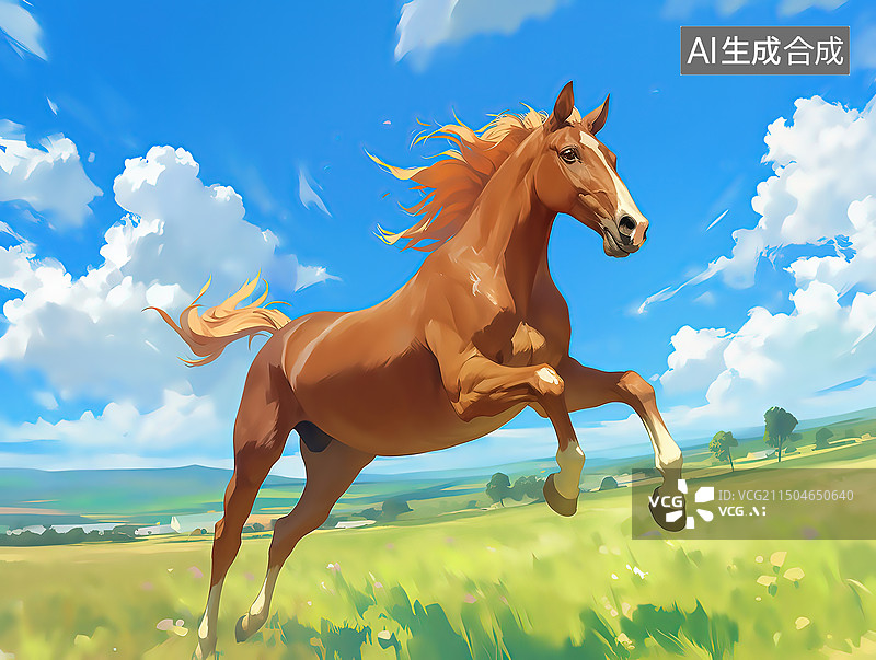【AI数字艺术】在田野上奔跑的马插画图片素材