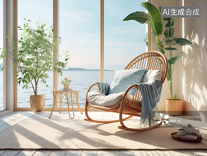 【AI数字艺术】海景房客厅里的摇椅图片素材