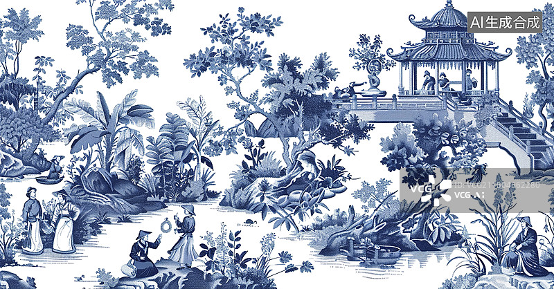 【AI数字艺术】青花瓷风格的装饰画描绘园林风景图片素材