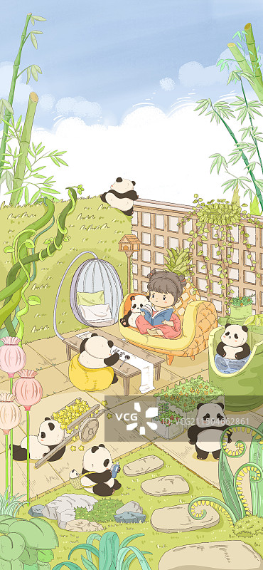 夏日熊猫生活系列插画图片素材