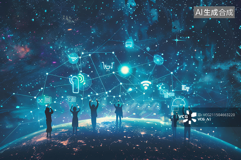 【AI数字艺术】许多人站在地球上网络联系科技插画图片素材
