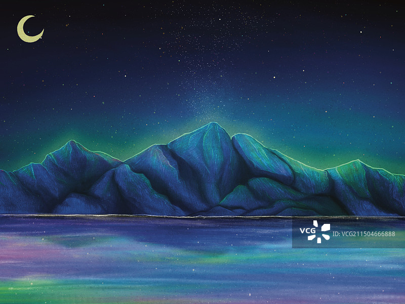 一个星光灿烂的夜晚湖面上倒影着山与极光图片素材