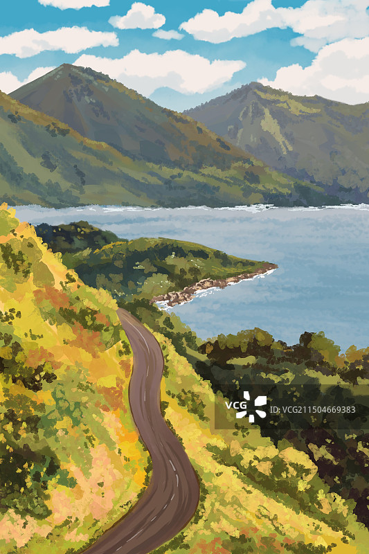 海边山岛公路峭壁蓝天白云风景壁纸插画手绘卡通内页封面素材图片素材