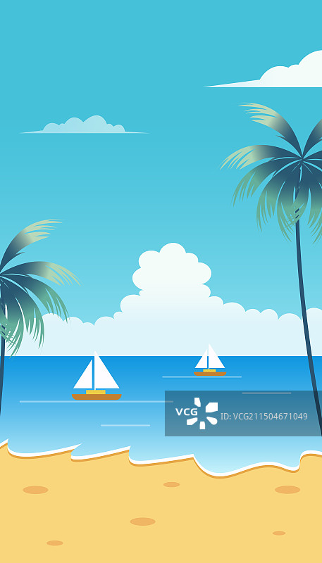 大海海边沙滩椰树沙滩蓝天白云扁平风矢量插画图片素材