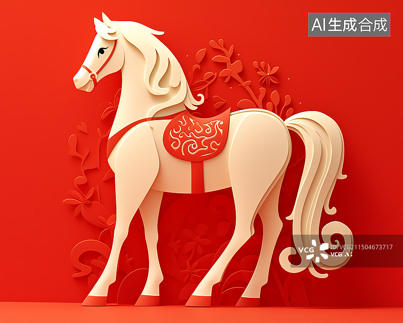 【AI数字艺术】一匹白马红色花纹中国马年生肖三维剪纸插画图片素材