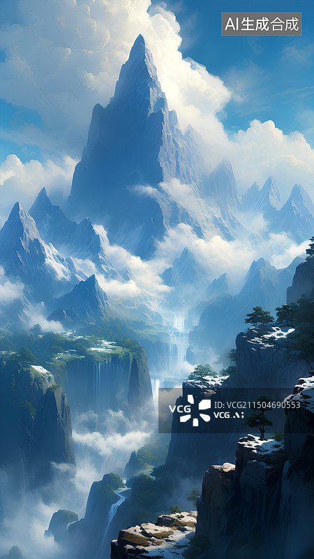 【AI数字艺术】云雾缭绕的雪山图片素材