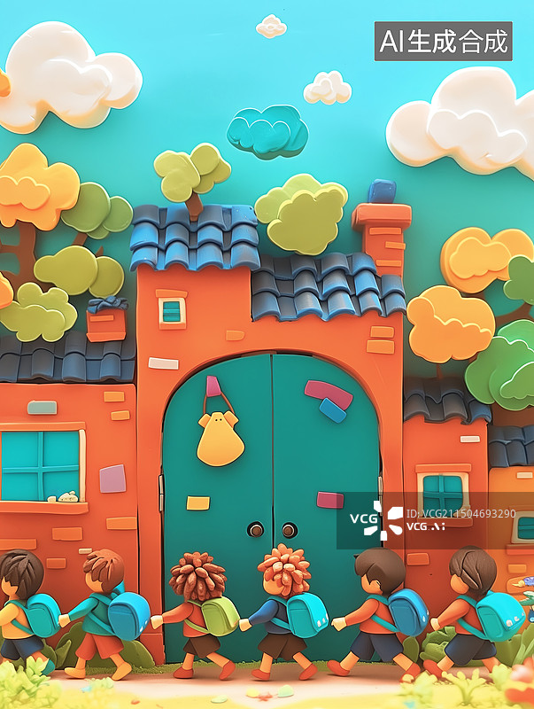 【AI数字艺术】小朋友们排队经过学校门口图片素材