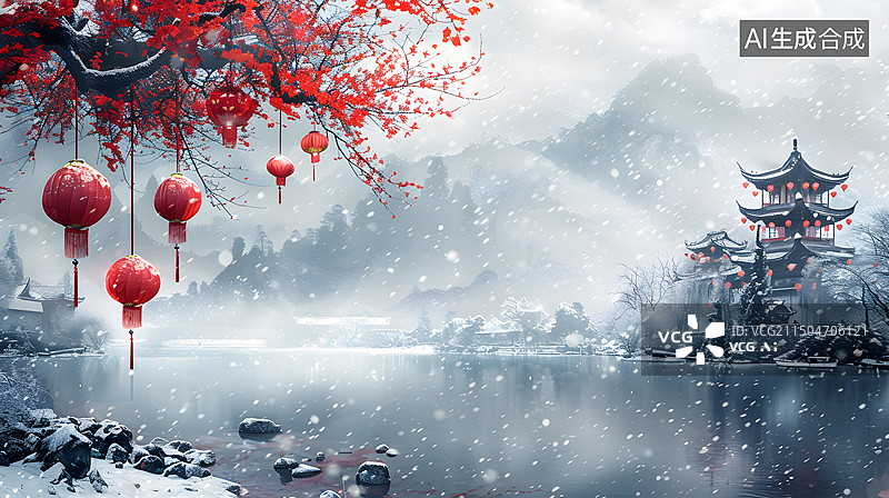 【AI数字艺术】中国风雪景插画图片素材