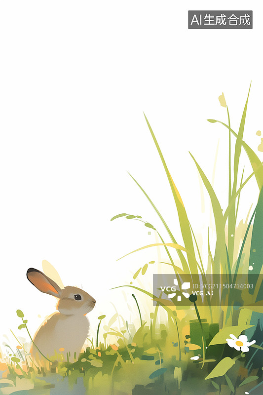 【AI数字艺术】白天白底草原卧姿野兔小白兔特写插画绘画手绘图片素材