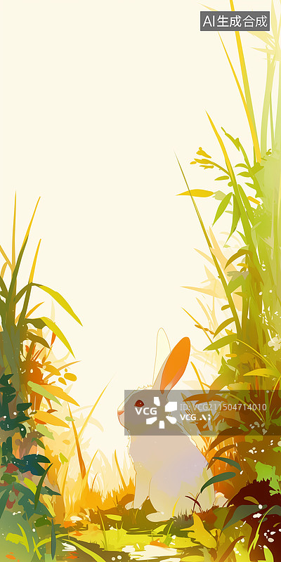 【AI数字艺术】白天白底草原卧姿野兔小白兔特写插画绘画手绘图片素材
