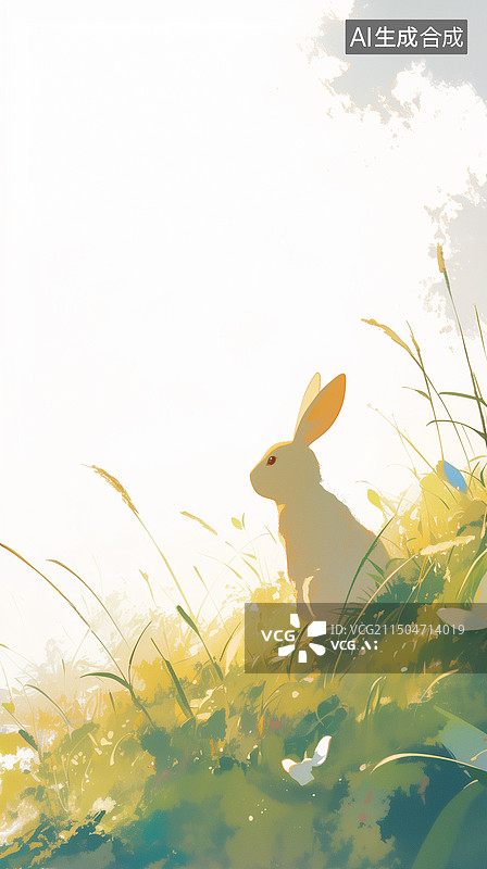 【AI数字艺术】白天白底草原卧姿野兔小白兔特写插画绘画手绘图片素材