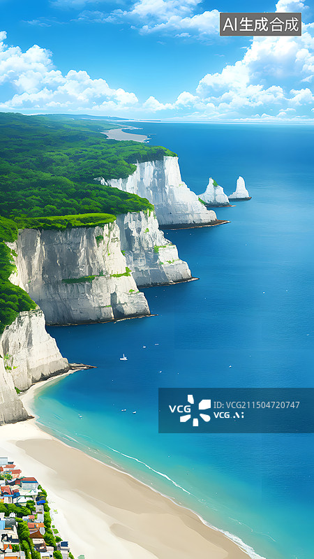 【AI数字艺术】夏日海岸线，阳光明媚的夏日海滩图片素材